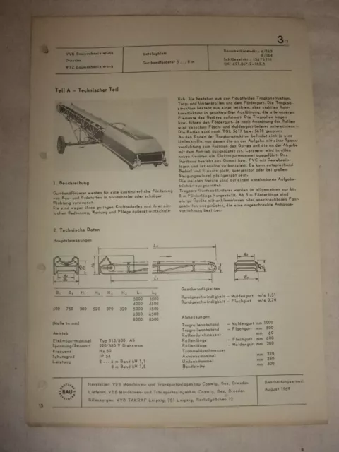 Original DDR Reklame Prospekt Datenblatt Gurtbandförderer 3..8 m VEB Coswig 1969