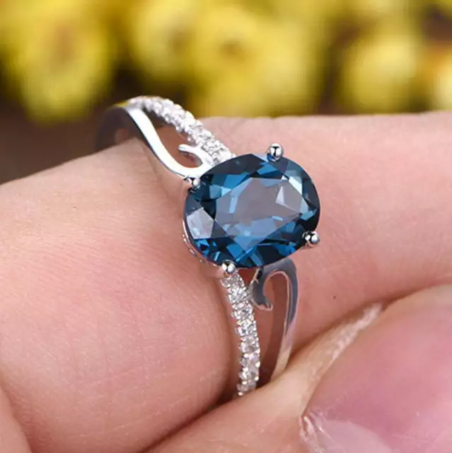 925 sterling Silver Ring oval blue zircon ring women wedding jewelry size 6-10