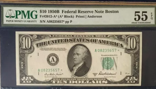 1950B $10 Federal Reserve *Star* Note Bank Of Boston Pmg55 Epq About Unc    9133
