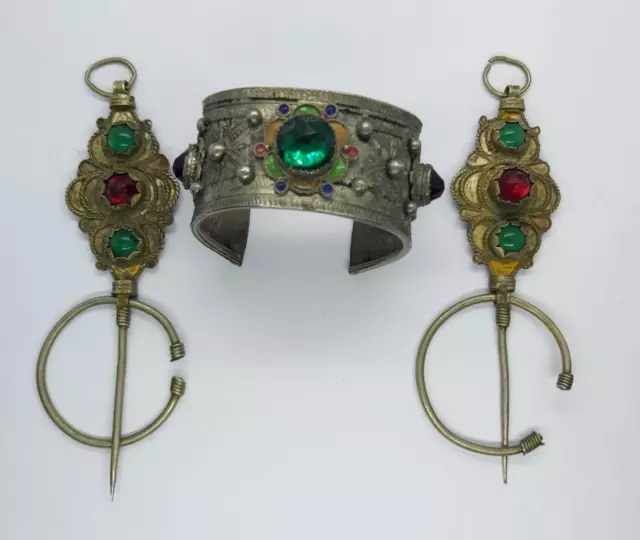 Vintage Berber Silver Bracelet Enamel & Old Pair Berber Fibula Brooch Hand-Hamme