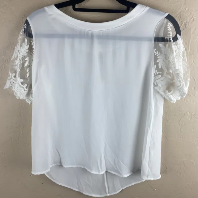 Lush White Blouse Lace Sheer Short Sleeve Top Large