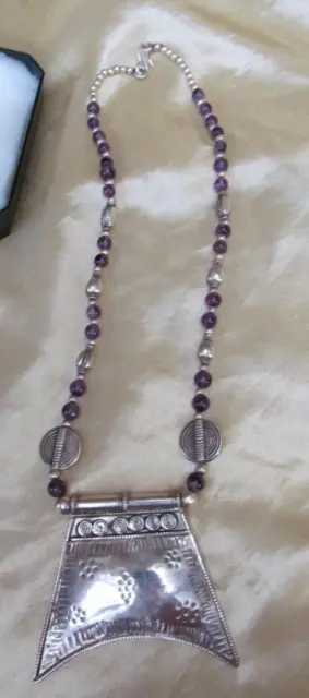 Stunning Sterling Silver & Amethyst Ancient Style Viking Necklace Collar 925 VGC