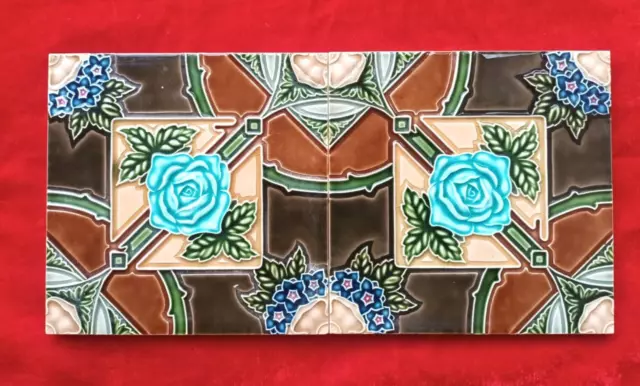 2 Piece Art Deco Floral Design Embossed Majolica Used Ceramic Tiles Japan 0395