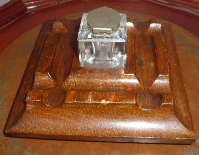 lovely old solid silver topped glass & wood inkwell 3