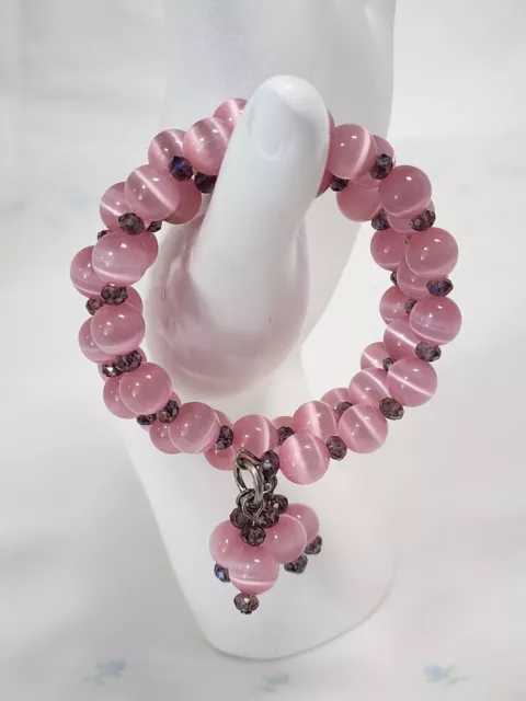 Stunning Vintage Estate Genuine Pink Tigers Eye & Crystal Beaded Wrap Bracelet!