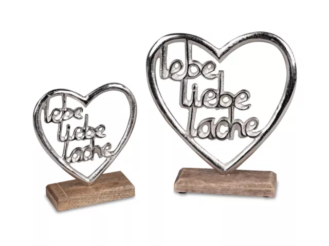 Schriftzug Lachen Liebe Lebe in einem Herz,  Aluminium/Mangoholz Tischdeko Deko