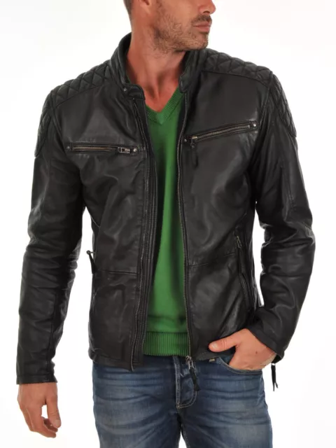 New Men's Genuine Lambskin Biker Jacket Motorcycle Slim fit Leather Jacket Coat