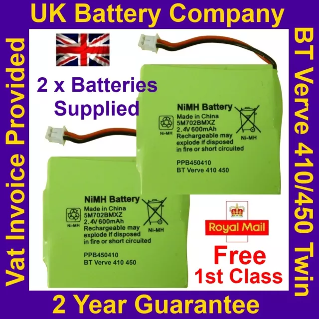 2 x New BT Verve 410 450 Twin Phone Batteries UK GP 5M702BMXZ 2.4V 600mAh NIMH