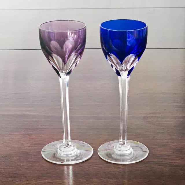 VTG Pair of Baccarat Crystal Genova Cut To Clear Cordial Glasses Blue and Purple