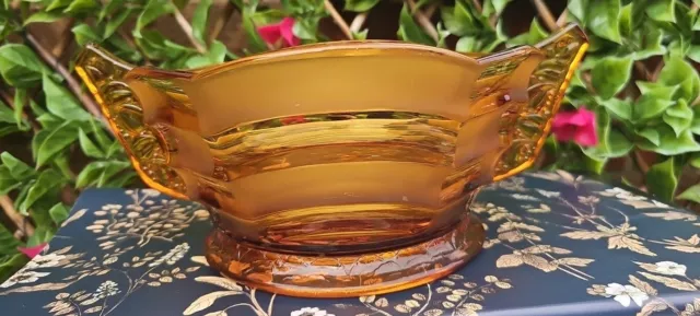 Art Deco Brockwitz Amber Smoked Frosted Glass Large Twin Handle Fruit Bowl 2