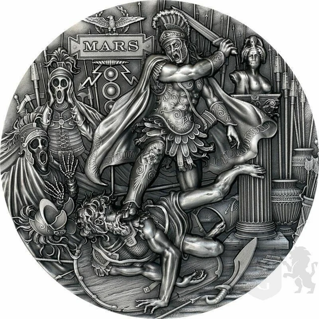 2021 Niue Roman Gods Mars 2 oz .999 Silver Antique Finish COA & Box Mintage 500