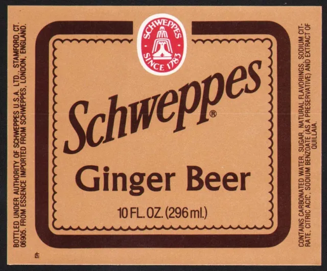 Vintage soda pop bottle label SCHWEPPES GINGER BEER 10oz size Stamford CT nrmt+