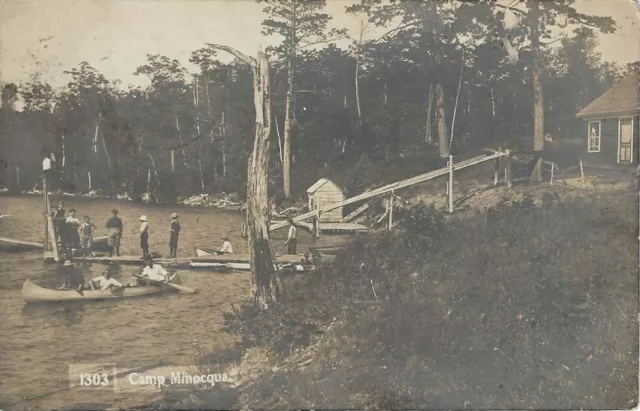 Rppc 1908 Wis Camp Minocqua Sender Is On The Ladder, Real Photo Wisconsin Pc