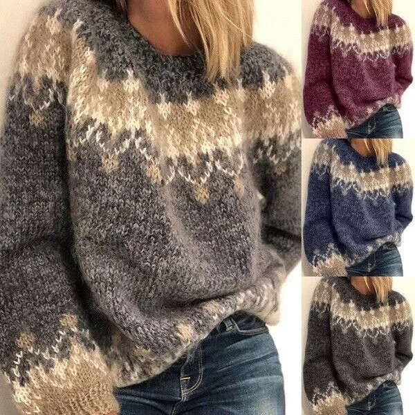 Women Casual Crew Neck Jumper Long Sleeve Pullover Sweater Warm Chunky Knit Tops