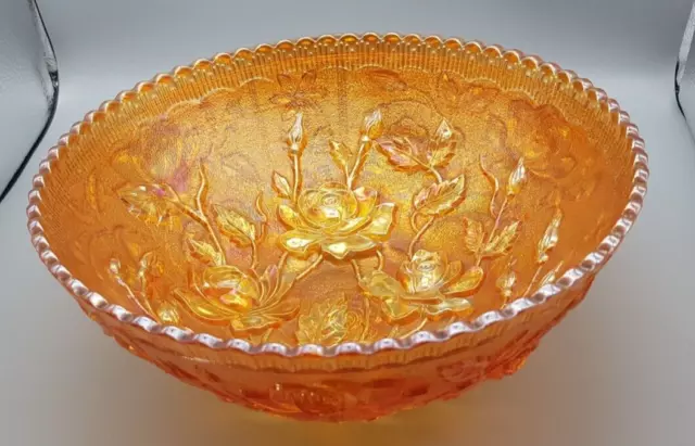 Vintage AMBER Carnival Glass Fruit Bowl with Raised Rose Relief 24 cm diameter