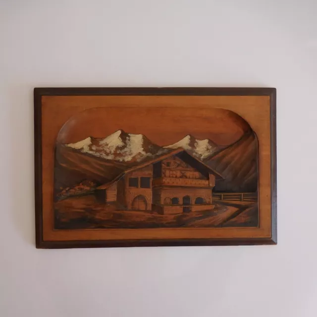 Escultura Madera Chalet Montaña Hecho a Mano Firma EBUE Arte Deco Xx Pn Francia