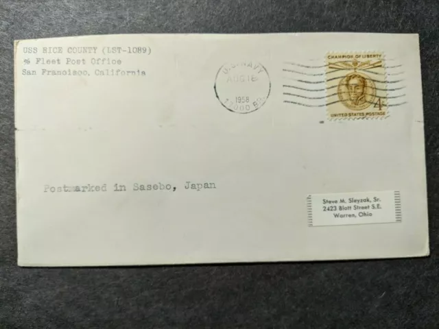 USS RICE COUNTY LST-1089 Naval Cover 1958 SASEBO, JAPAN 17000 Branch