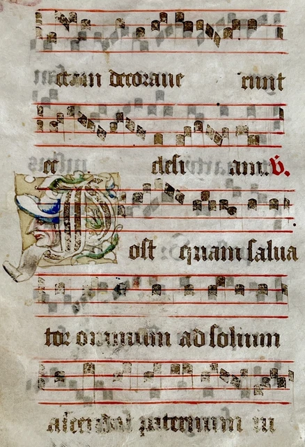 Historiated Bishop Illuminated Vellum Manuscript Leaf Medieval Antiphonal 15th C Historiated Bishop Illuminated Vellum Manuscript Leaf Medieval Antiphonal 15th C