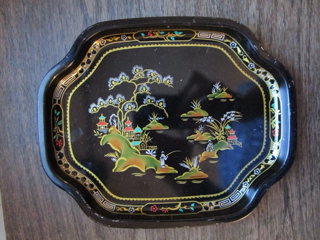 VTG OLD Elite Trays Black and Gold Metal Tin Tray Made In England Coin Tip Tray