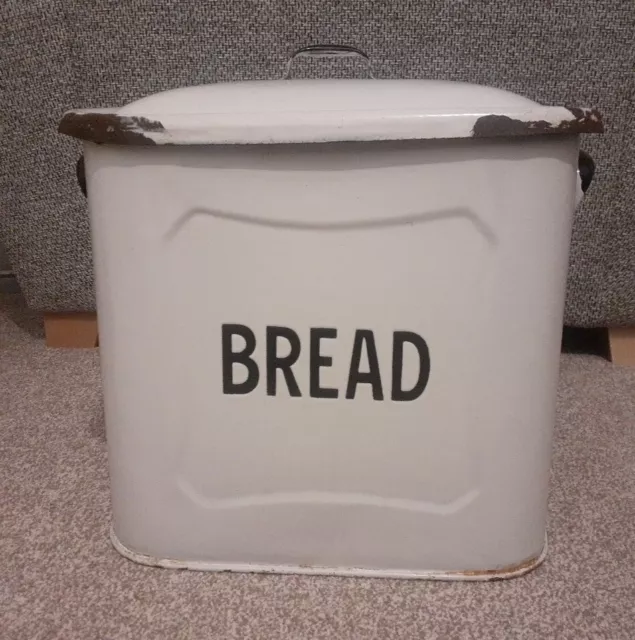 Vintage Enamel Bread Bin Black Lettering on White 32cm High Chippy Shabby