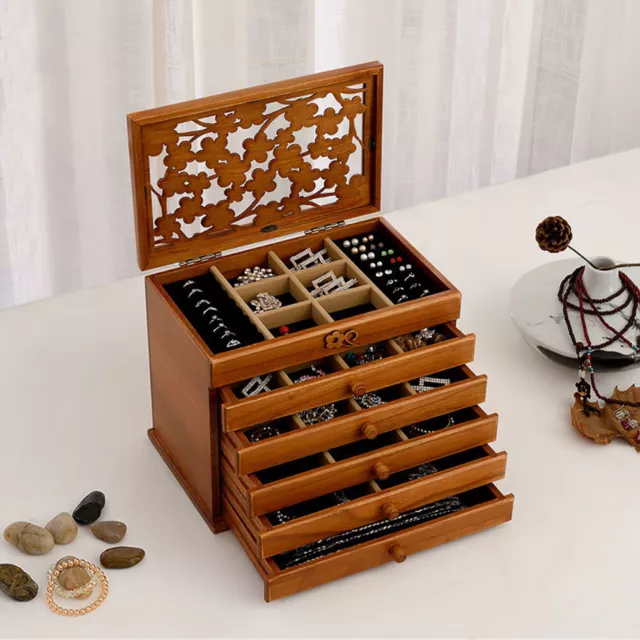 Desktop Wooden Drawer Jewelry Storage Box Jewellery Case Organizer Holder Rustic