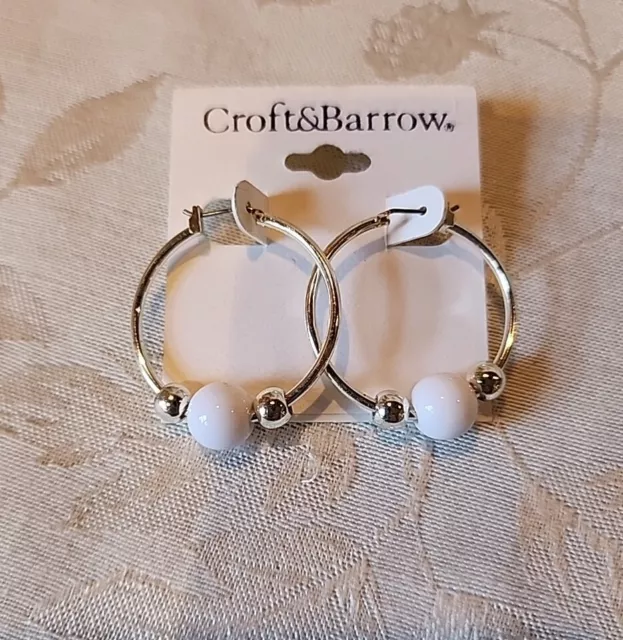 Croft & Barrow Silvertone And White Hoop Earrings New 1 1/4" Hoops