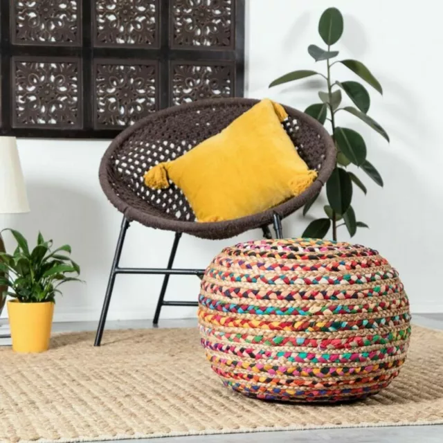 Pouf Cover Jute Cotton Braided Style Floor Décor Modern Foot Stool Cover Ottoman