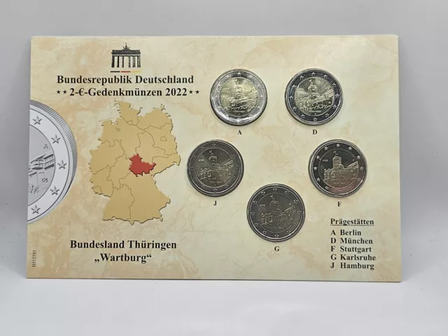 5x 2 Euro Gedenkmünze BRD / Deutschland 2022  - ST - Thüringen ADFGJ Blister