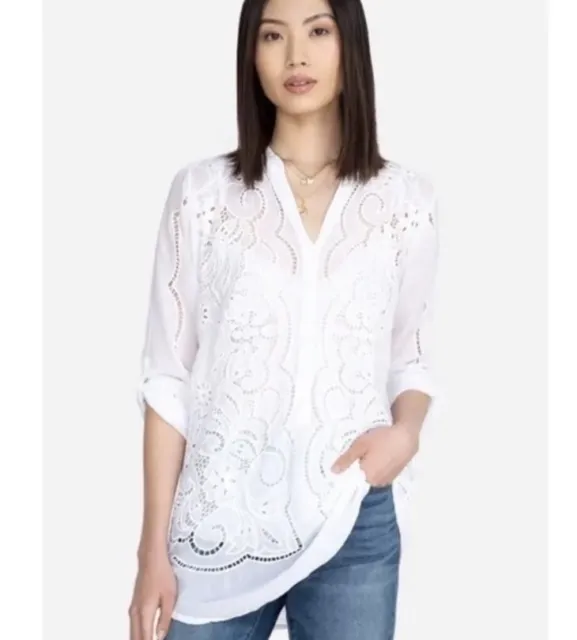 Johnny Was White Floral Caius Tunic Embroidered Sheer Boho Blouse Large