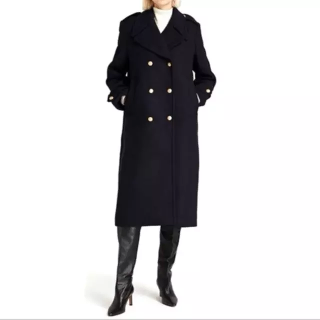 NWT- Rebecca Minkoff- Black Officers Coat Double Breasted Classic Peacoat, Sz L