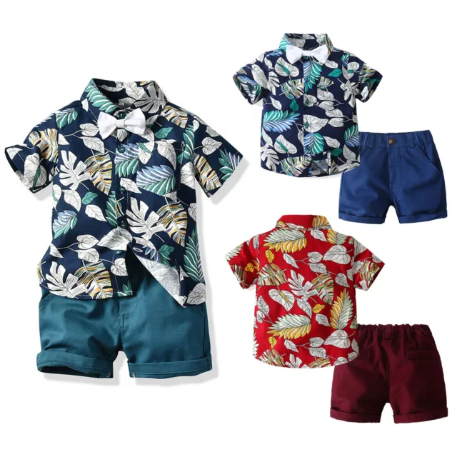 Kids Boys Baby Gentleman Outfit Floral Button Down T-Shirt Tops+Shorts Pants Set