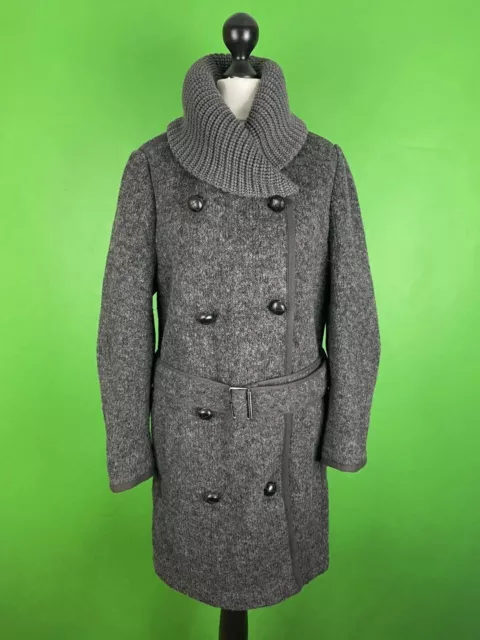 BURBERRY BRIT Wool Grey Double-Breasted Belted Tweed Coat Womens 40 UK 8