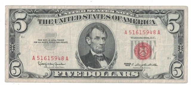 1963 US $5 Five Dollar Legal Tender AA Block Red Seal Bank Note HC51615948