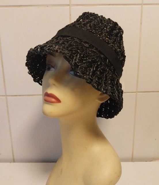 Cappello a campana originale anni '20 nero Raffia & metallo catena