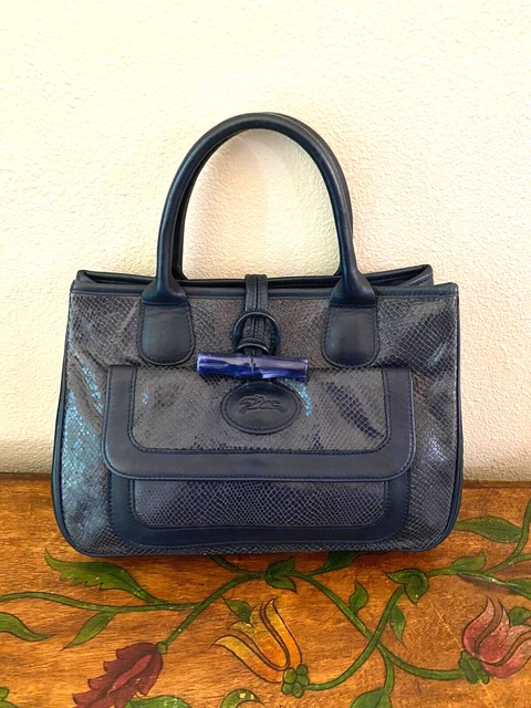 LONGCHAMP ROSEAU Expandable SNAKESKIN Embossed Navy BLUE Leather Satchel EUC!