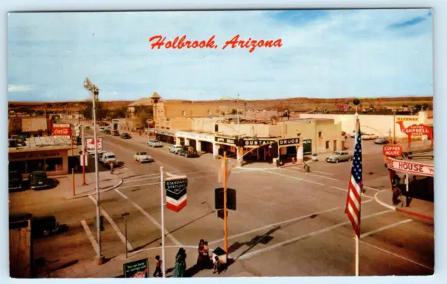 HOLBROOK, Arizona AZ ~ Route 66 CENTER of TOWN Street Scene c1950s Postcard
