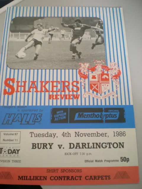 Bury v Darlington 4-11-1986 Postponed & Rearranged Single Sheet 3-2-1987, MINT 