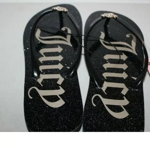 Nwt Juicy Couture Selene Flip Flops Sandals Black W Gold Pave Crown