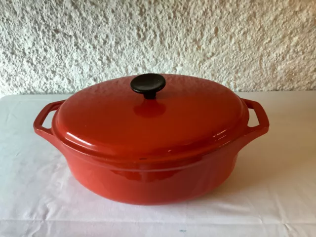 Ancienne COCOTTE MARMITE OVALE Vintage en FONTE ÉMAILLÉE ORANGE Made in France