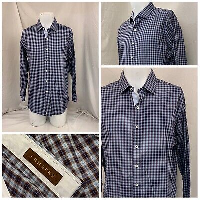 J Hilburn Flip Cuff Shirt 17 32 Blue Plaid Cotton NWOT YGI U1-177