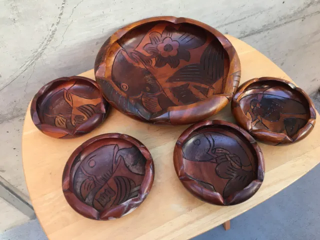 Vintage Solid Wood Hand Turned Carved Serving Bowl & 4 Salad Bowls Set Tiki Fish