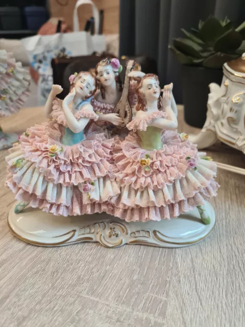Antique Volkstedt German Porcelain Dresden Lace Three Ballerina  Make Music
