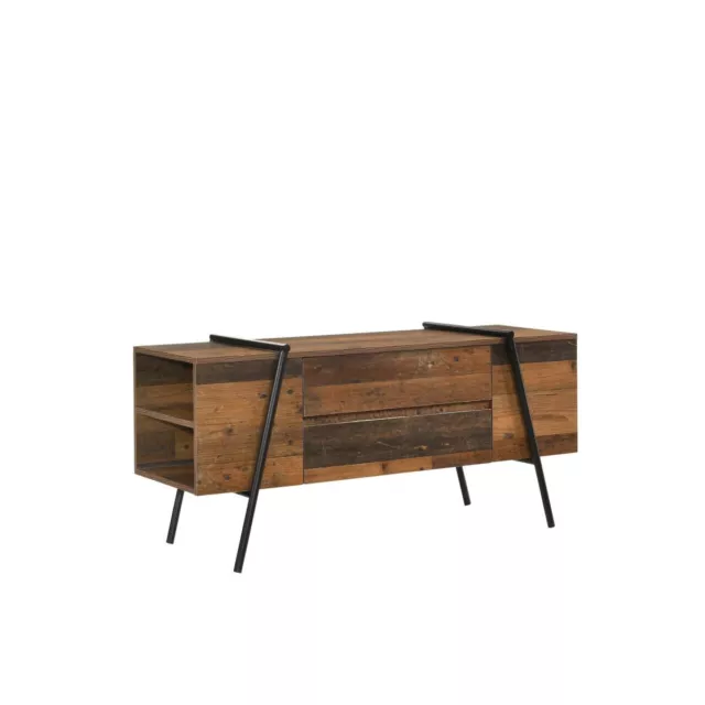 TV Stand Cabinet 2 Drawer 4 Open Shelf Unit Living Room Rustic Design Iron Frame