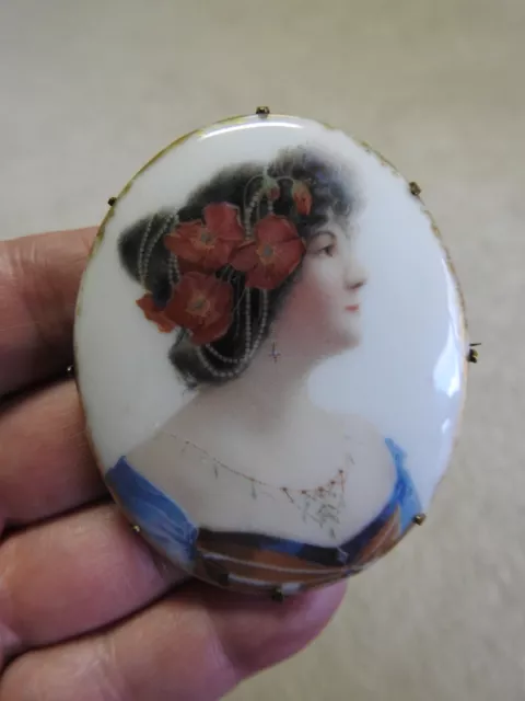 Victorian Antique Cameo Portrait of Woman Lady Hand Painted Pin Brooch 2 5/8"