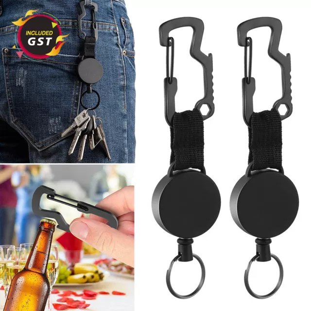 2 X Retractable Stainless Steel Keyring Pull Ring Key Chain Recoil Heavy Duty AU