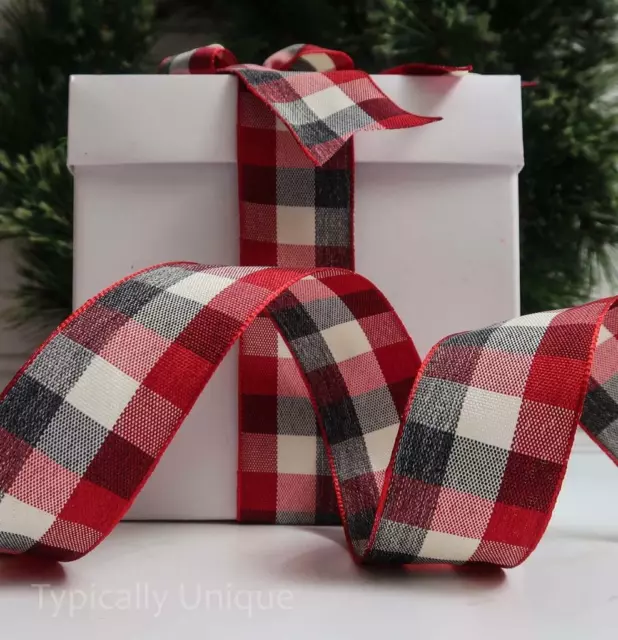 New Ribbon Wire Edged Red Check Christmas Tree Decoration Gift Wrap 'Ranch'