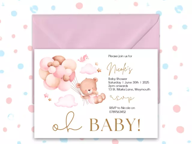 Personalised Baby Shower Invitations Invite Girl Cute Teddy Bear Pack of 10 BS44