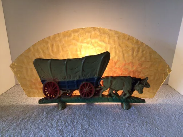 Vtg Hubley #222 Cast Iron Western Covered Wagon Conestoga Oxen Amber Glass Lamp