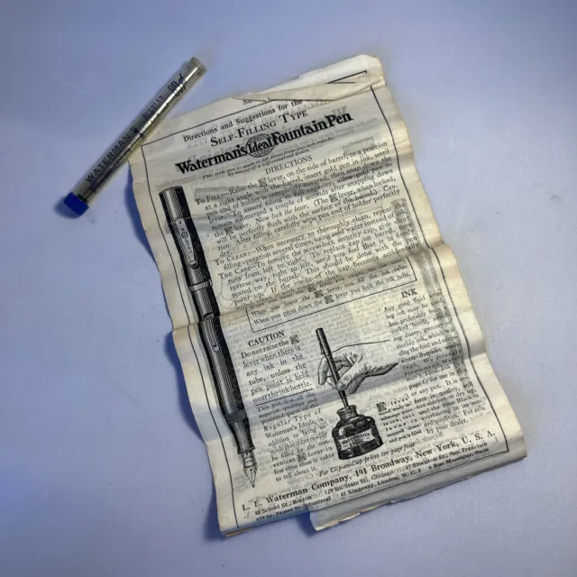 Antique WATERMAN'S FOUNTAIN PEN Directions & Sapphire Ballpoint Pen Refill