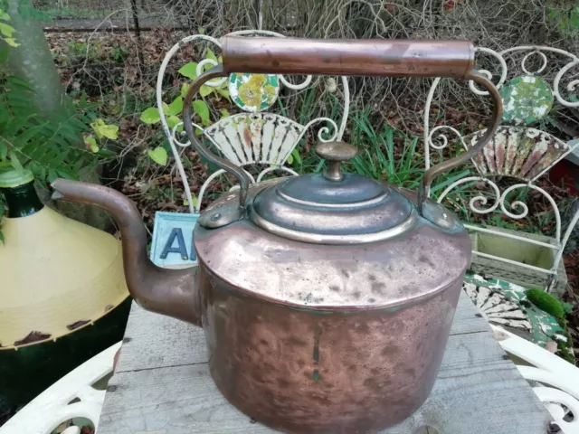 Large 7 Pint Antique Early Victorian Copper Kettle Swan Neck Riveted Joins C1840